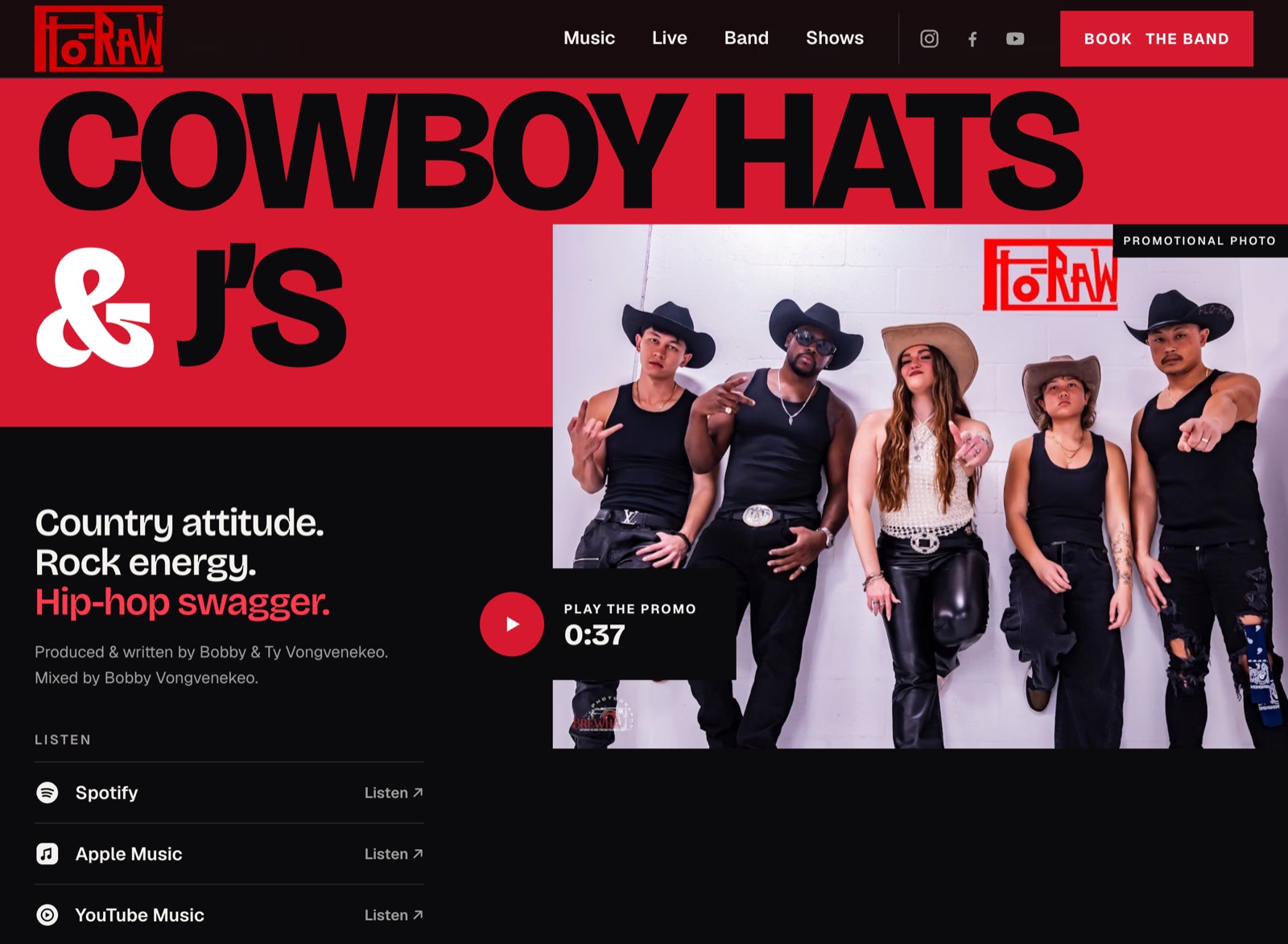 FLO-RAW website on desktop: the Cowboy Hats & J’s release section, with the band's promotional photo, play-the-promo button and streaming links.